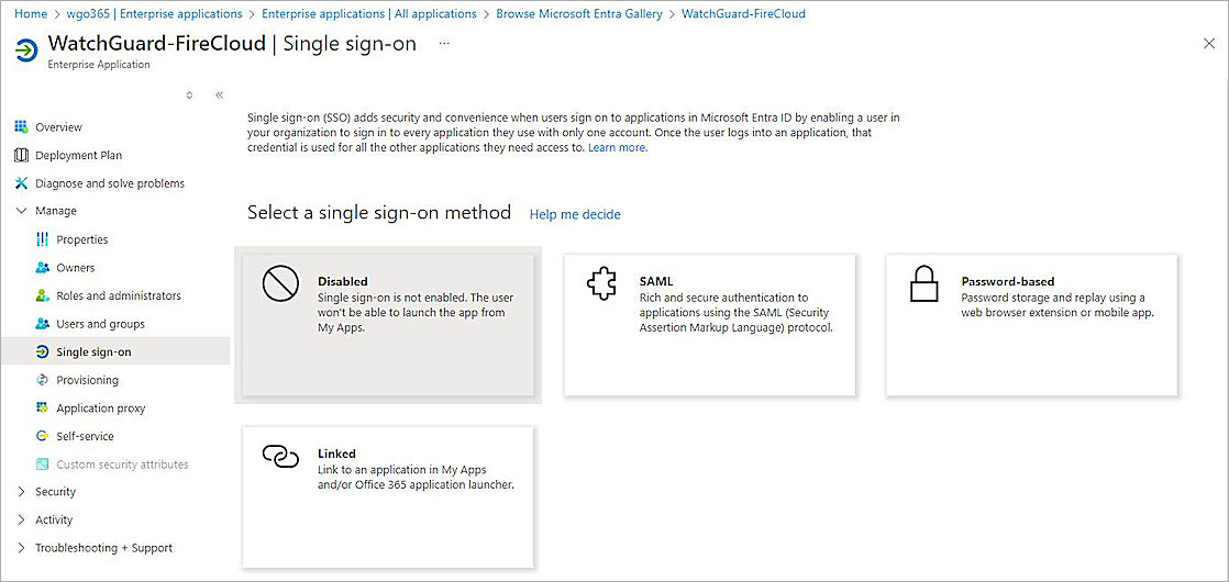 Screenshot of Microsoft Entra ID, select SSO